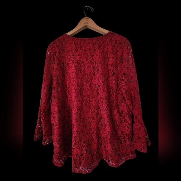 Women's Red Lace 1X Top Shirt Bell Sleeve Whimsygoth Corset Sheer Boho Festival - Picture 2 of 6